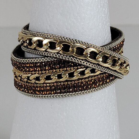 Gold-Tone Multi Chain Charm Leather Cuff Bracelet 7 In Magnetic Clasp - Picture 2 of 13